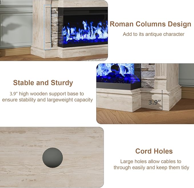 QUW Fireplace TV Stand for TVs up to 65", Farmhouse 52"Fireplace Entertainment Center with 36" 3-Side Glass Electric Fireplace, TV Console with Open Storage Shelves for Living Room, Antique Brush Grey