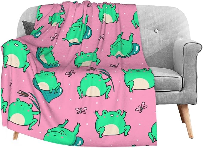 Cute Green Frogs on Pink Throw Blanket, Flannel Fleece Bed Blanket, Soft Cozy Fuzzy Plush Blankets for Couch Sofa Office Traveling Kids Bedroom Adults Living Room All Season, 50"x40"