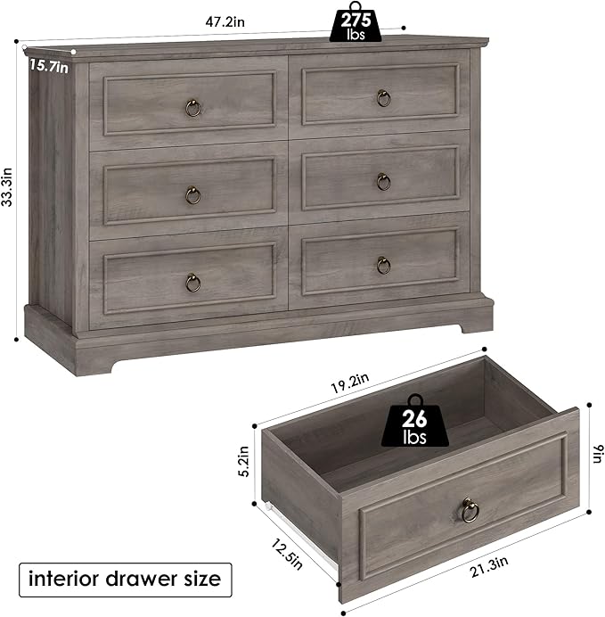 HOSTACK 6 Drawer Dresser for Bedroom, Modern Farmhouse Chest of Drawers, 47.2" Wide Wood Double Dresser, Rustic Brown Storage Cabinet for Living Room, Entryway, Hallway, Ash Grey
