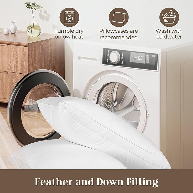 Goose Down Feather Pillows, Soft Bed Pillows Standard Size Set of 2, 100% Soft Cotton Shell,Gusseted Hotel Pillows for Back, Stomach or Side Sleepers