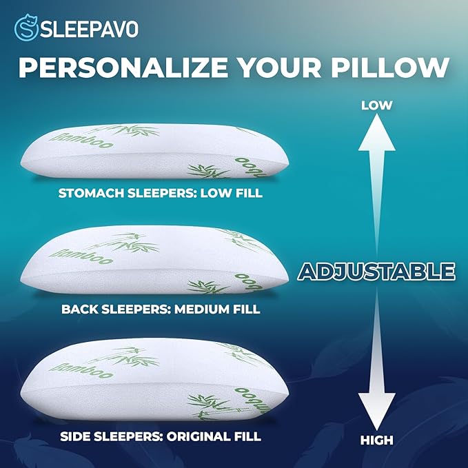 Sleepavo Adjustable Cooling Pillows Queen Size Set of 2 Pack - Extra Soft Shredded Memory Foam Best Pillows for Sleeping - Back, Stomach, Side Sleeper Pillow Medium Firm - Rayon Derived from Bamboo