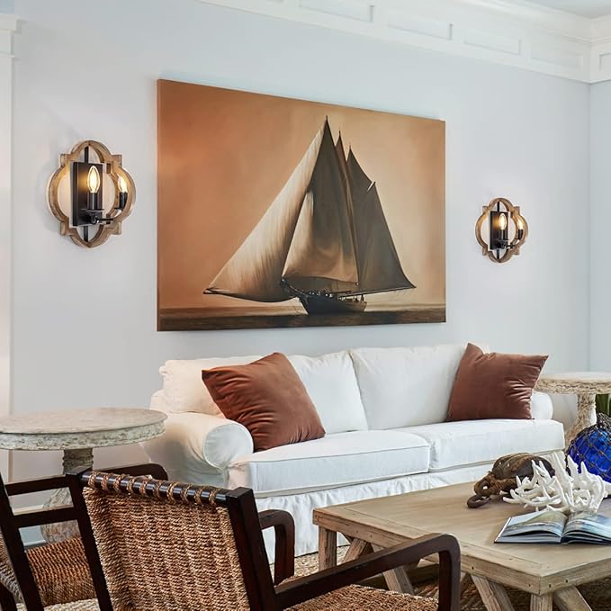 VILUXY Wood Wall Sconces Retro Industrial Wall Light Farmhouse Geometric Bedside Wall Lamps Fixture Black Wall Mount Sconces for Bedroom, Hallway, Entryway, Passway, 2 Pack