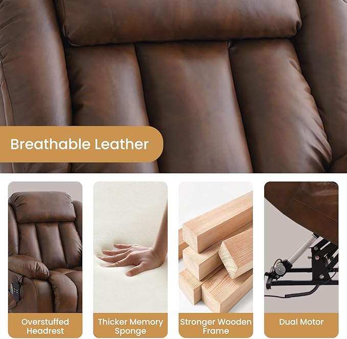 TEKAMON Power Lift Recliner Chair for Elderly with Heat & Massage, Dual Motor Breathable Leather Recliner, Lay Flat Sleeping Chairs with Infinite Position, RemoteControl & USB Ports(Ochre)