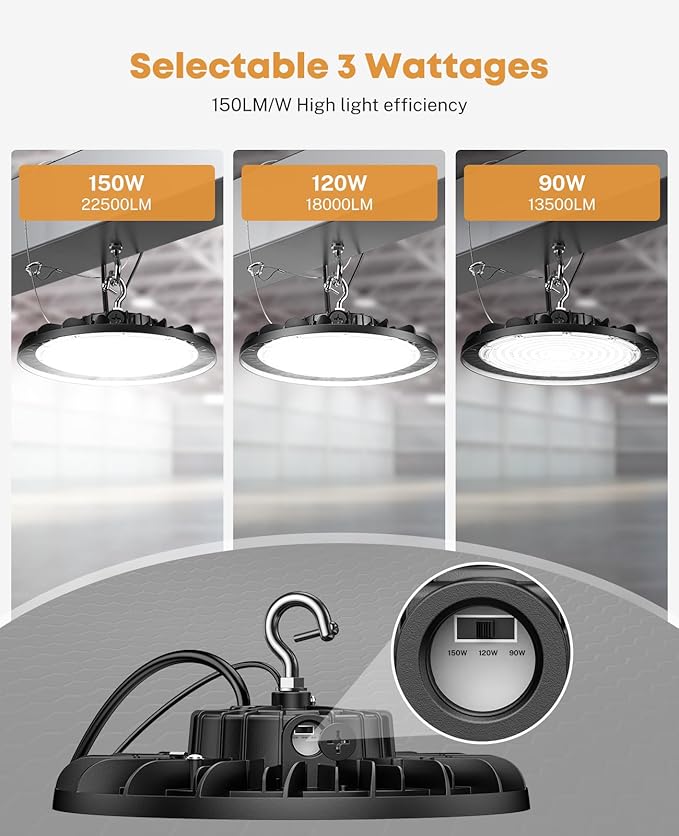 6 Pack UFO LED High Bay Lights 150W 22500LM, 5000K 0-10V Dimmable High Bay Led Shop Lights AC100-277V with 5' Cable Plug, ETL Listed High Bay Light for Warehouse Garage Factory Workshop Barn