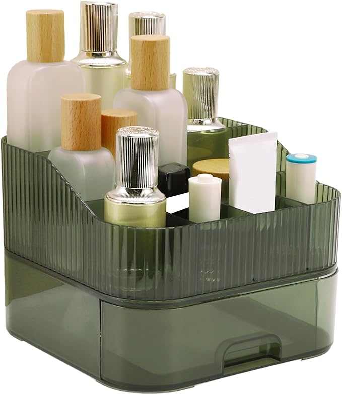 VOCOSTE 1 Set Makeup Organizer with Stackable Drawer, 7 Grids Makeup Organizer for Countertop Vanity, Skincare Organizers Cosmetic Display Cases for Lotions Lipsticks Brushes, Green