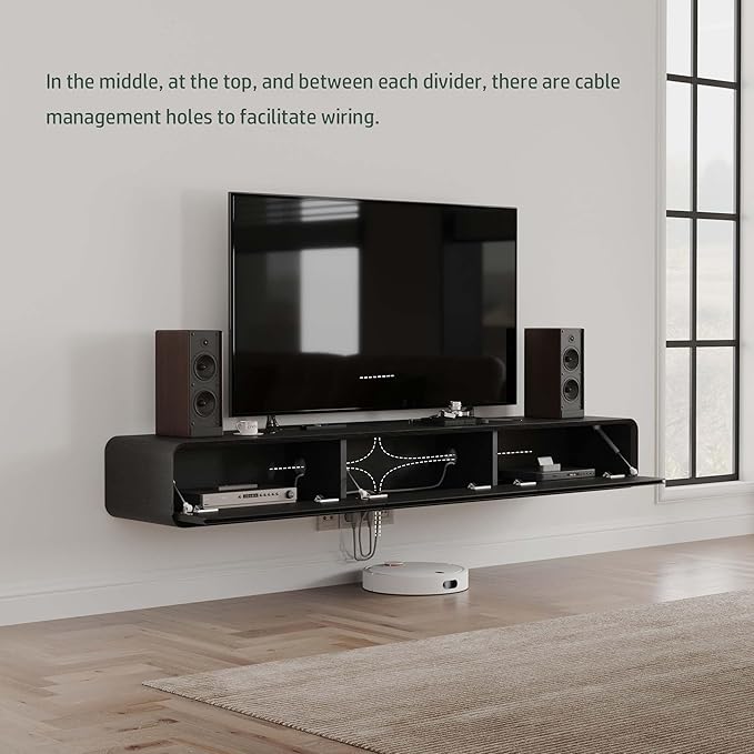 Minimalist Floating TV Stand with LED Lights, Modern Wall-Mounted Media Console with 3 Flip-Down Cabinet Doors for 55 Inch TV, Fully-Assembled, Black Oak, 63"