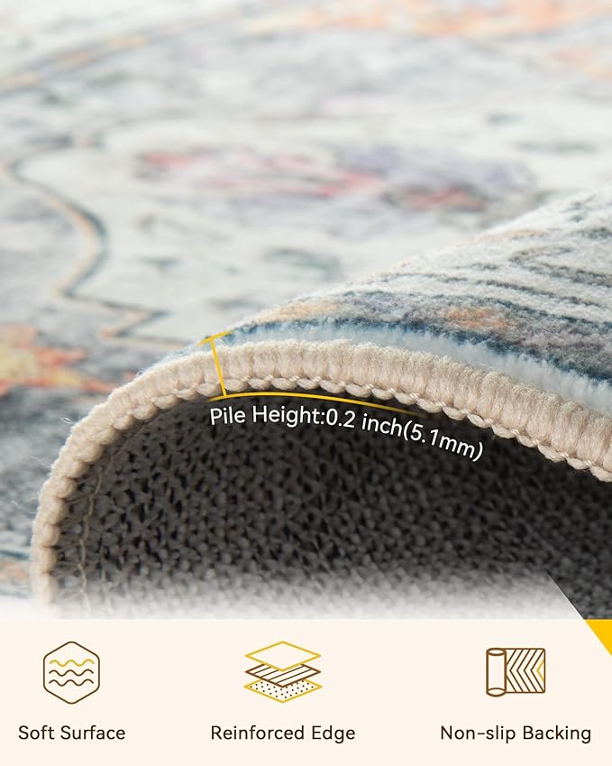 Area Rugs 6ft Washable Non-Slip, Floral Vintage Distress Print Pattern Medallion Carpet for Living Room Bedroom Dining Room, Light Yellow Carbon Grey Orange