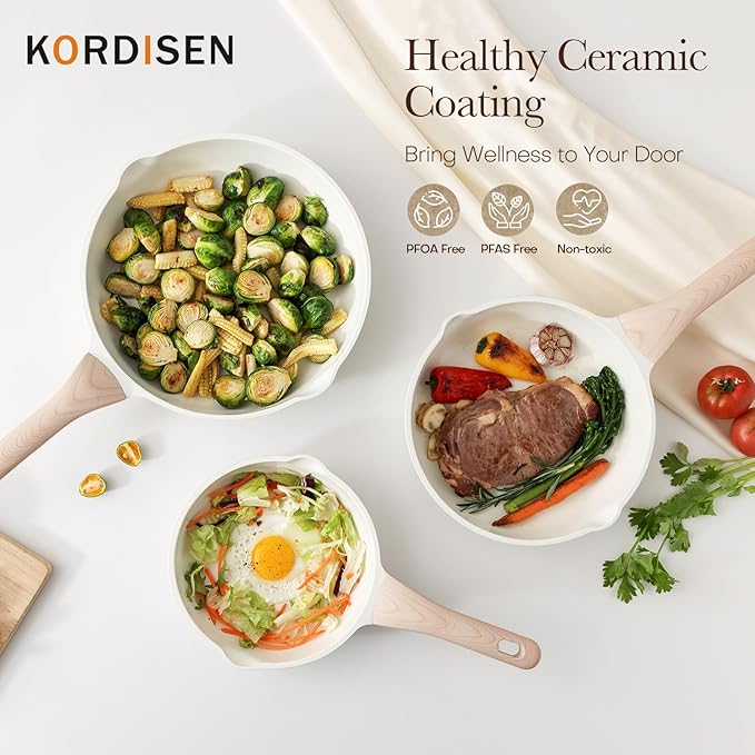 Nonstick Ceramic Frying Pan Set, 3 Piece Ceramic Skillet Set, Healthy Non Toxic Cooking Pan, Stay-Cool Handle, Induction Compatible, PFOA & PFAS Free, White(9.5, 11, 12.5 Inch)