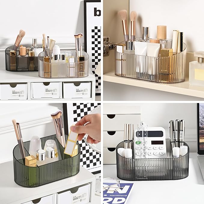 DASITON Large Capacity Makeup Brush Holder,5 Slot Makeup Brush Holder,Vintage striped Make Up Brush Holder,for Vanity Decor,Bathroom Countertops,Desk Storage Container,Cosmetic Display cases(Yelow)