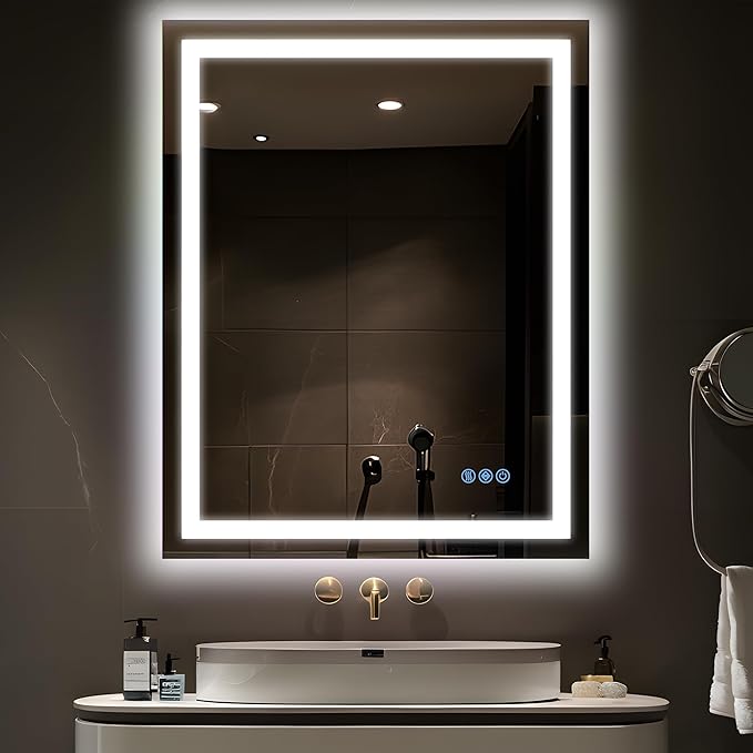 Antok 28"x 36" LED Bathroom Mirror with Lights, Anti-Fog, Dimmable, Lighted Vanity Mirror with Tempered Glass, Memory Function, 11 Light Modes, Safe Use, Horizontal, Vertical