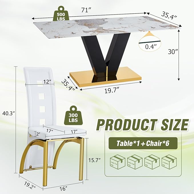 71'' Dining Table Set for 6,Modern Dining Room Table Set for 6,Marble Dining Table with 6 PU Leather Dining Chairs,Gold Dining Room Table with Glossy V-Shaped Base Ideal for Kitchen