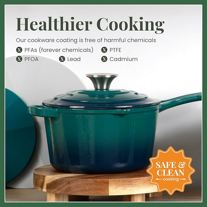 Larder & Vine Enameled Cast Iron Saucepan | 2.2 qt Sauce Pan with Lid | Saucepan with Pour Spouts | Enameled Cast Iron Pot Compatible on All Cooktops & Oven Safe to 500° F | Bondi