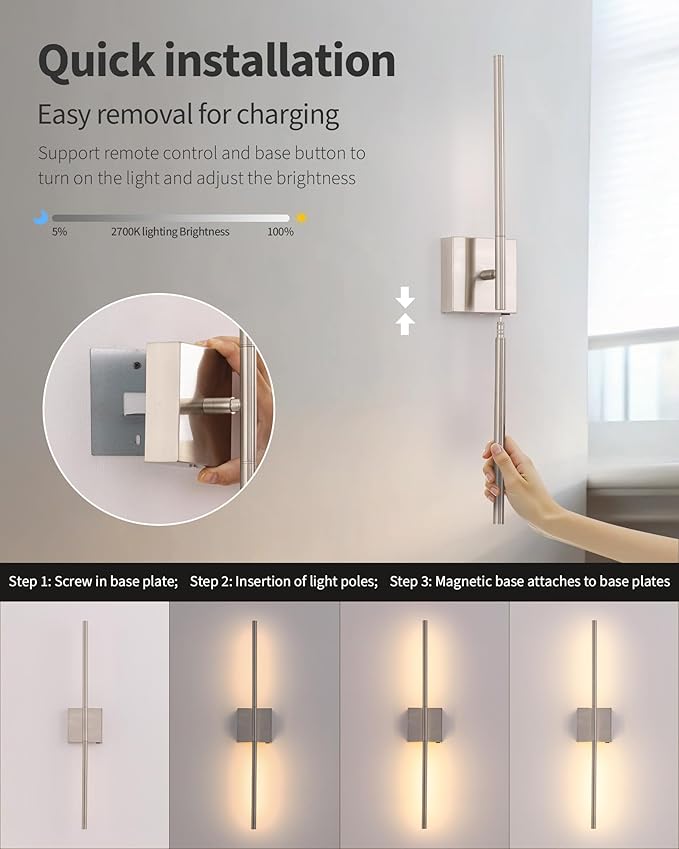 KDG Cordless Wall Sconces Set of 2, Wireless 7000mAh Rechargeable Battery Operated LED Wall Lamps with Remote, 360° Rotate Lightings for Wall Painting, Bedroom, Hallway, Night Light 31.5 inch (Nickel)