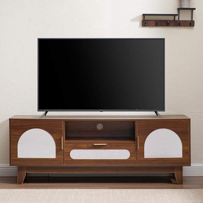 CANMOV 63" Mid Century Modern TV Stand for 60-70 inch TV, Entertainment Center with Storage & Drawer, Wooden Media TV Console for Living Room & Bedroom - Walnut