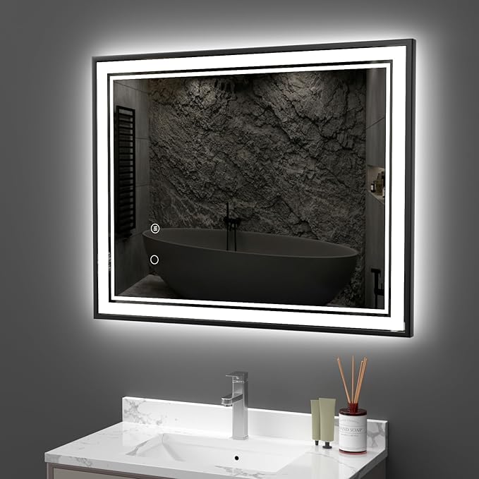 40" x 32" LED Bathroom Mirror with Lights Framed LED Mirror for Bathroom Backlit and Front Lighted Bathroom Mirror Black Square Aluminum Frame Anti-Fog Dimmable Vanity Adjustable Memory