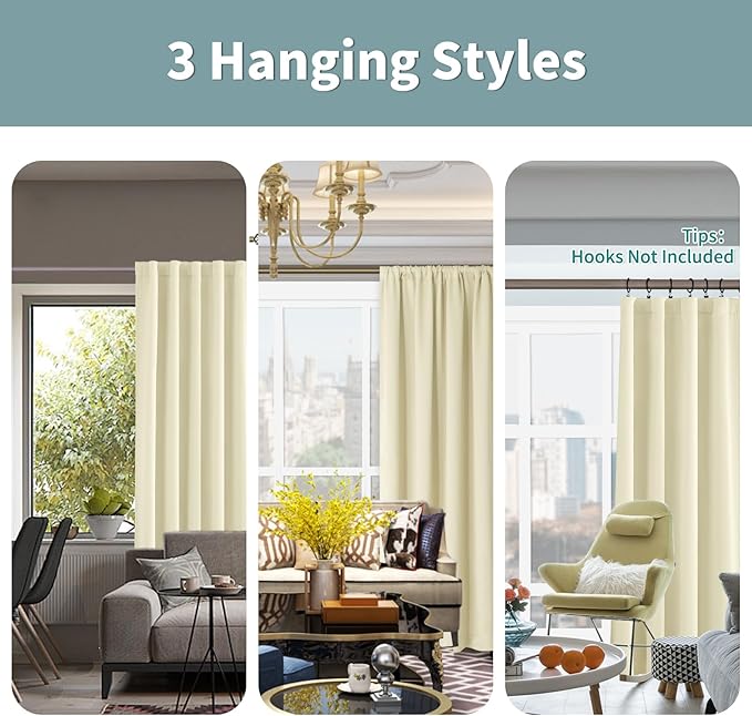 BGment Cream Thermal Insulated 100% Blackout Curtains 95 Inches Long with Liner, Rod Pocket and Back Tab Room Darkening Double Layer Noise Cancelling Curtains for Bedroom (52 x 95 Inch, 2 Panels)