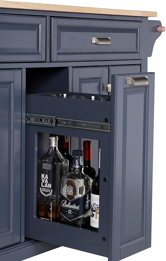 Rolling Solid Wood Kitchen Island with Rubberwood Top, 3 Drawers, 2 Cabinets, Adjustable Shelves, Spice Rack & Locking Wheels – Painted Finish, Navy Blue