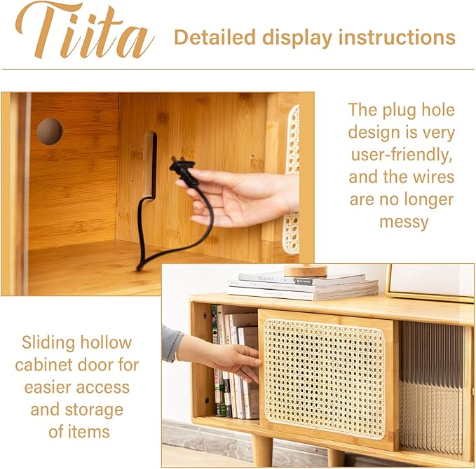 Tiita Rattan TV Stand for 55 60 Inch TV, Bamboo TV Cabinet with 2 Drawers, Boho Entertainment Center with Adjustable Shelf, Mid Century Modern Media Console for Bedroom, Living Room, Study