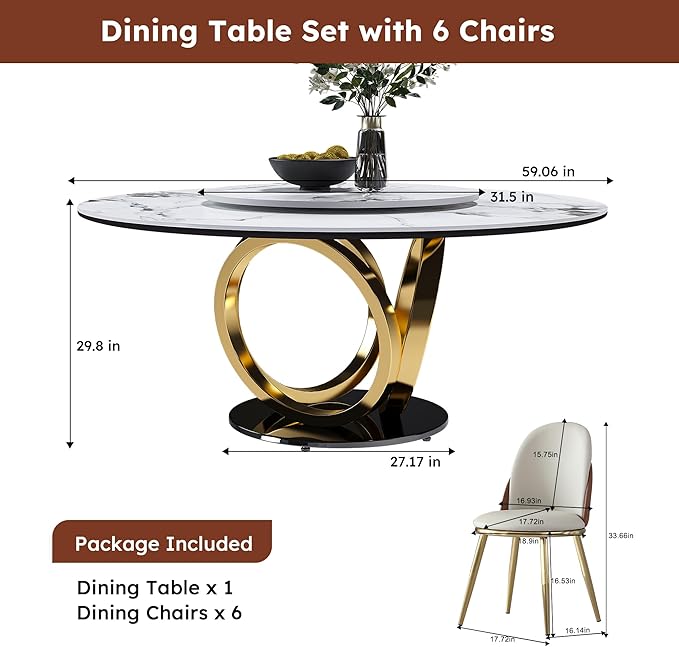 Dining Table Set with 6 Chairs, 59" Round Modern Marble Dining Table with Lazy Susan, Sintered Stone Top for Kitchen, Dining Room, Dinette