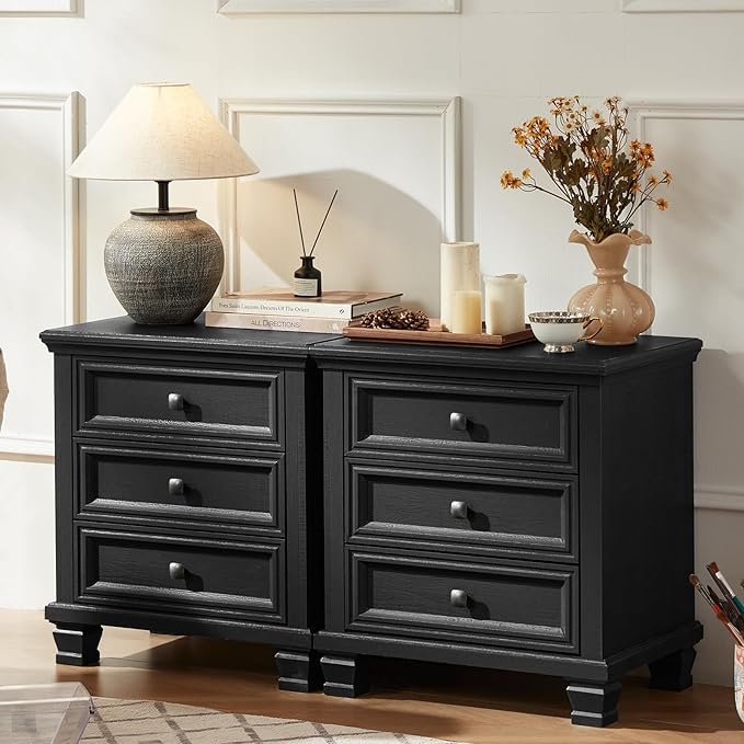 Farmhouse Black Bedroom Sets of 4, Includes 6 Drawer Large Dresser, Vintage Night Stand with 3 Drawers, Small 5 Chest of Drawers, Wood Rustic Dresser & Nightstand Set for Home, Living Room