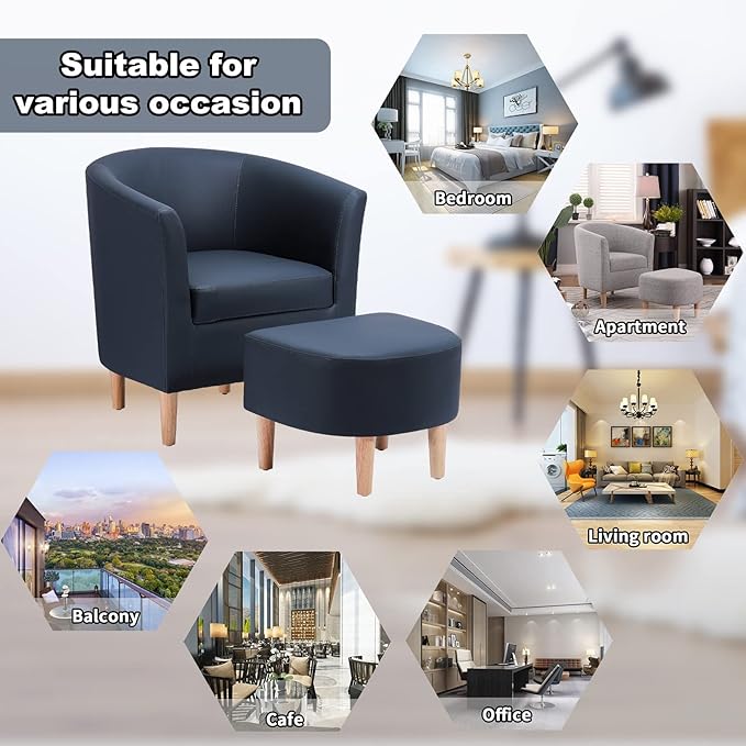 DAZONE Leather Chair, Accent Chair Mid Century Modern with Ottoman Faux Barrel Comfy Armchair Upholstered Club Tub Round Arms for Living Room Bedroom Reading Navy Blue Set of 1