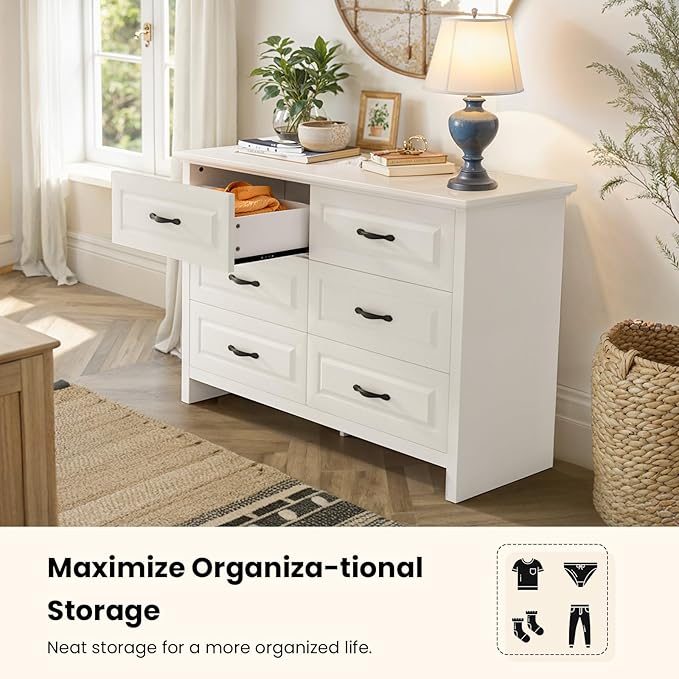 Amada Farmhouse 6 Drawer Dresser for Bedroom, 47.2 Inch Wide Wood Dresser with Natural Texture, Large Drawers, Rustic Farmhouse Chest of Drawers for Bedroom, Living Room, Hallway, White