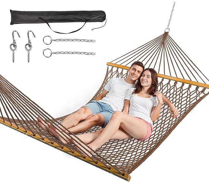 Double Hammock for 2 Person, Handwoven Cotton Rope Hammock with Spreader Bar - Indoor & Outdoor Use for Patio, Poolside, Backyard (Brown)