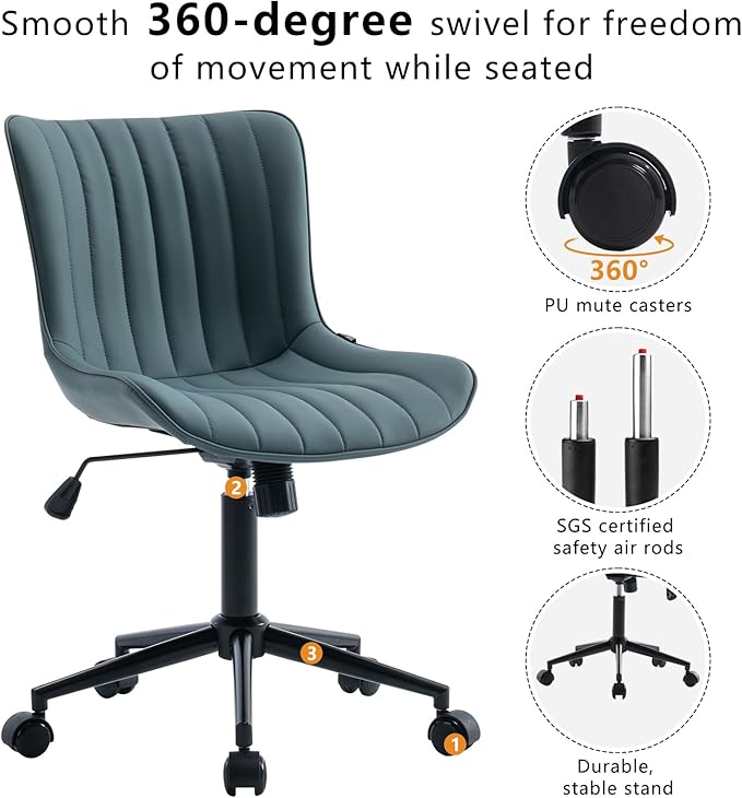 YOUNIKE Home Office Desk Chair with Wheels Armless Compact Comfy Vanity Chair with Adjustable Back Modern Small Leather Upholstered Rolling Swivel Cute Computer Task Chair No Arms Greyish Green