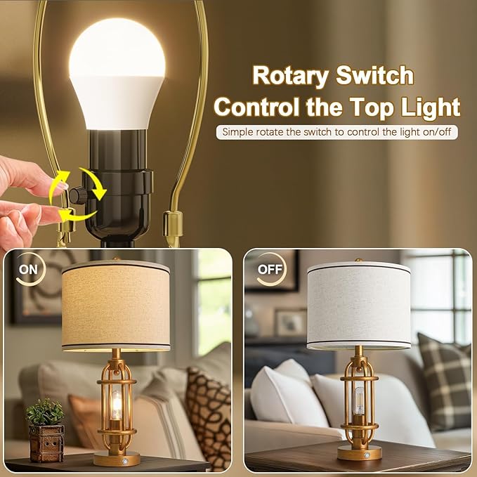 23.75'' Table Lamps Set of 2 for Living Room Bedroom Industrial Farmhouse Metal Touch Lamps with USB A+C Ports, Night Light Vintage Nightstand Bedside Lamp, Bulbs Included, Antique Gold