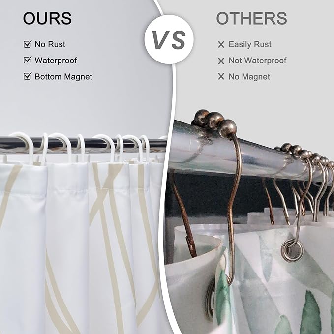 Punkray Beige Khaki Shower Curtain for Bathroom with Hooks, Extra Long Shower Curtain Set Stripe Bath Curtains Decorative White Shower Curtains Weighted Hem Water Repellent Washable, 72 x 72