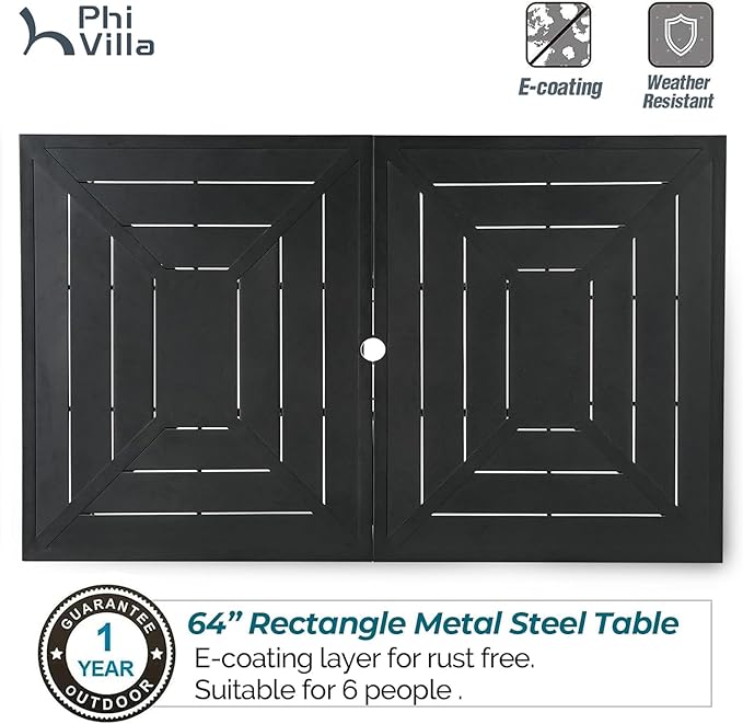 PHI VILLA 7 Piece Outdoor Dining Set for 6, 64" Metal Steel Dining Table with Umbrella Hole & Black Stacking Dining Chairs for Patio, Yard, Porch, Deck