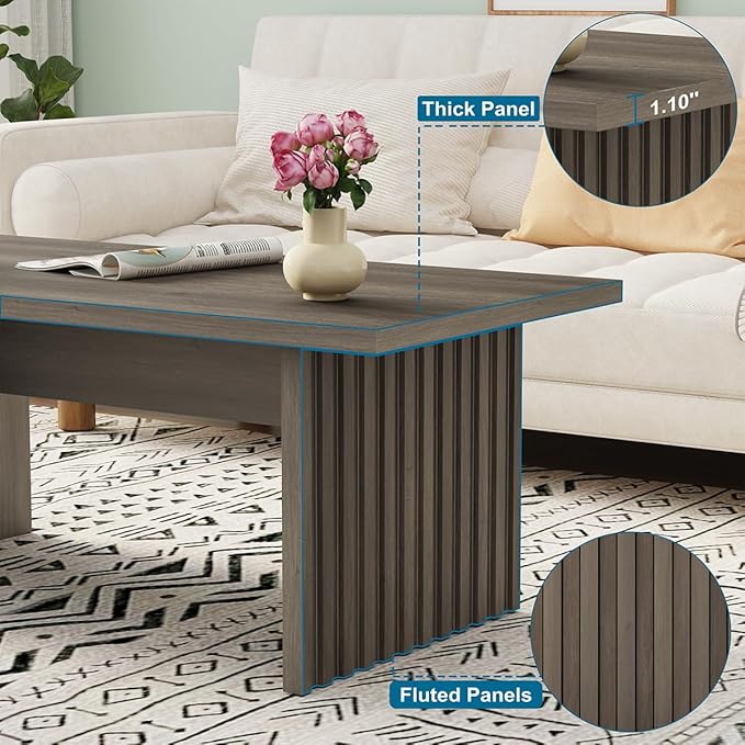 BON AUGURE Fluted Coffee Table, Wood Living Room Tables, Rectangle Coffee Tables for Living Room, Center Table for Home, Office (Greige Oak, 43Inch)