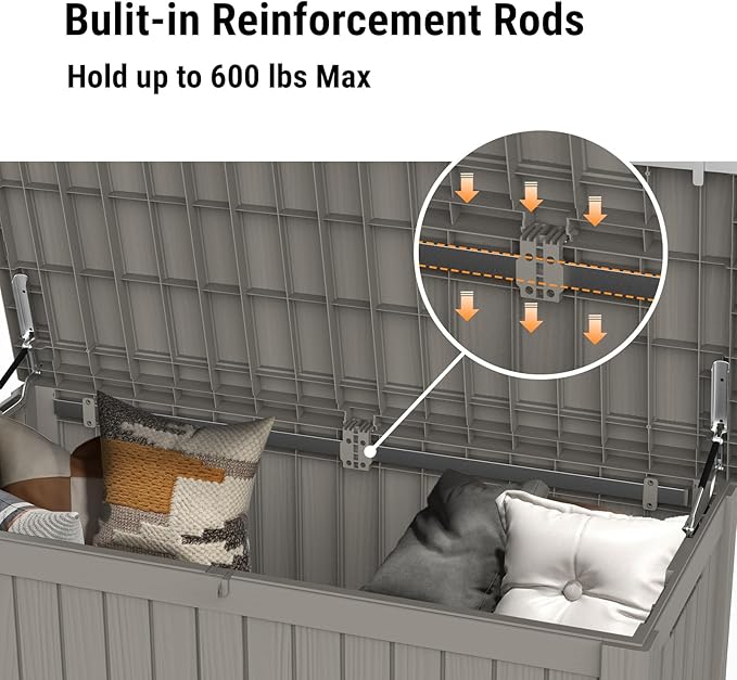 Mars Villa 119 Gallon Outdoor Storage Box Waterproof, Large Resin Deck Box for Pool Supplies Storage, Outdoor Patio Furniture Cushions, with Hydraulic Hinge, UV-Resistant and Weatherproof, Greige