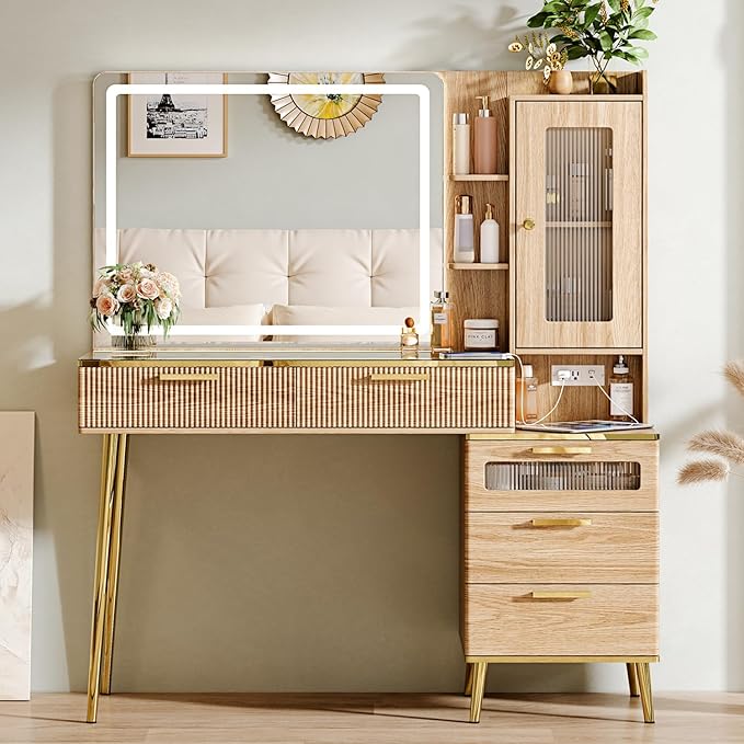 Vanity Desk with 29.53" HD Lighted Mirror, 47.24" Big Modern Vanity Desk with Mirror and Lights, Makeup Vanity with 5 Drawers and Storage Shelves and Charging Station, Oak
