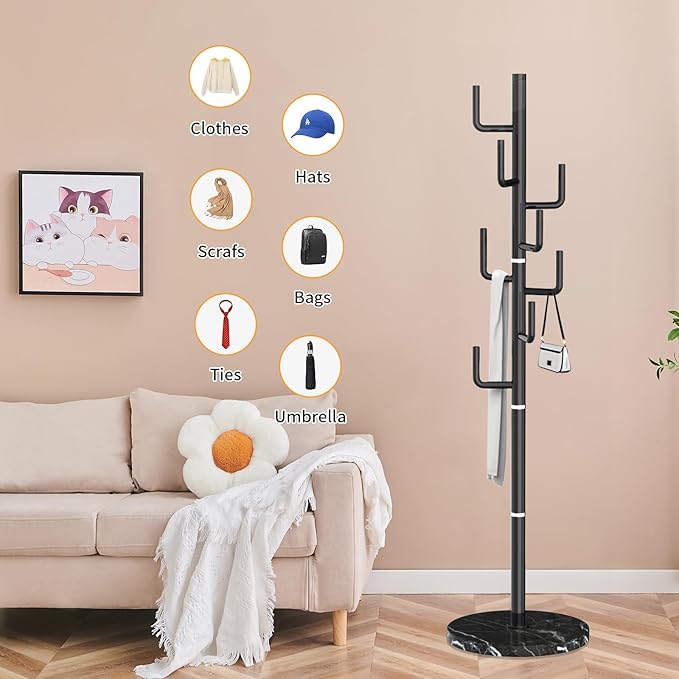 ZOZOE Metal Modern Coat Racks, Cactus Coat Rack Freestanding with Natural Marble Base, Coat Rack Stand with 8 Hooks, Coat Tree Hanger Stand for Bags, Hats, Entryway, Office
