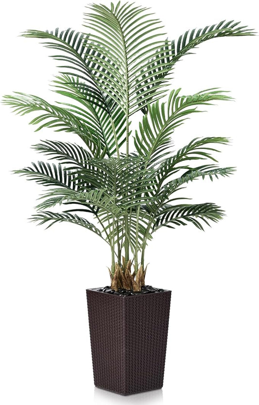 5FT Artificial Palm Tree - Tall Fake Tree with Brown Taper Planter & Pebbles, UV Resistant for Indoor & Outdoor Decor - Large Potted Faux Plant for Living Room, Office, Home Decor,VN130