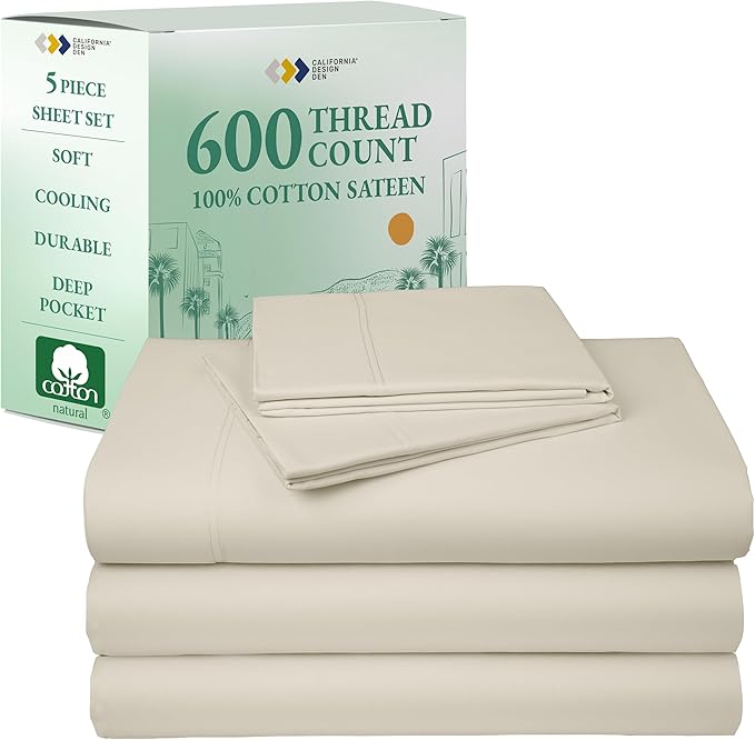 California Design Den Split King Sheet Set - 100% Cotton, 600 Thread Count, Breathable Luxury King Size Sheets for Adjustable Bed, Luxury Soft Hotel-Quality Sheets with Sateen Weave - Creamy Beige