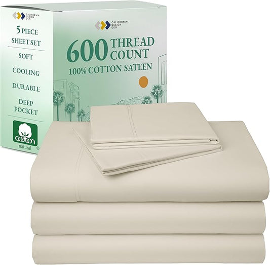 California Design Den Split King Sheet Set - 100% Cotton, 600 Thread Count, Breathable Luxury King Size Sheets for Adjustable Bed, Luxury Soft Hotel-Quality Sheets with Sateen Weave - Creamy Beige