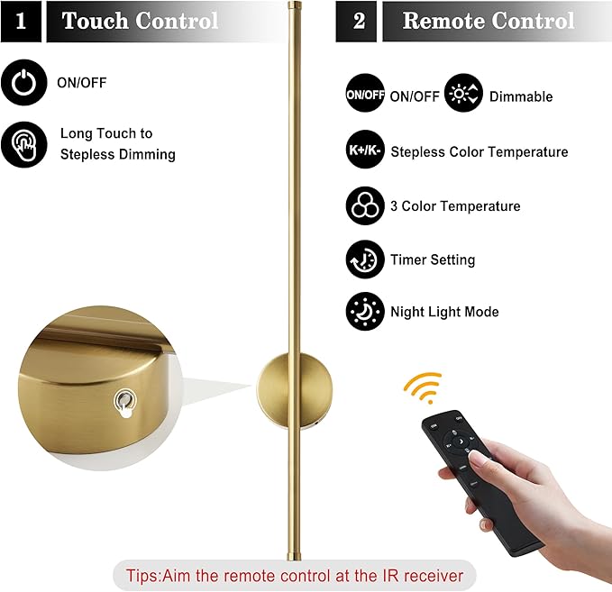 Battery Operated Modern Wall Sconces, Dimmable Wireless Wall Light Set of Two with Remote Control, 3 Color Temperatures, Rechargeable LED Wall Sconce for Bedroom, Living Room, Hallway, 27.6 Inch Brass