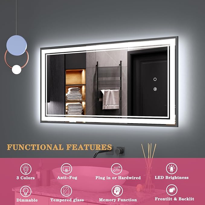 36" x 18" LED Bathroom Mirror with Lights Framed LED Mirror for Bathroom Backlit and Front Lighted Bathroom Mirror Black Square Aluminum Frame Anti-Fog Dimmable Adjustable Shatter-Proof