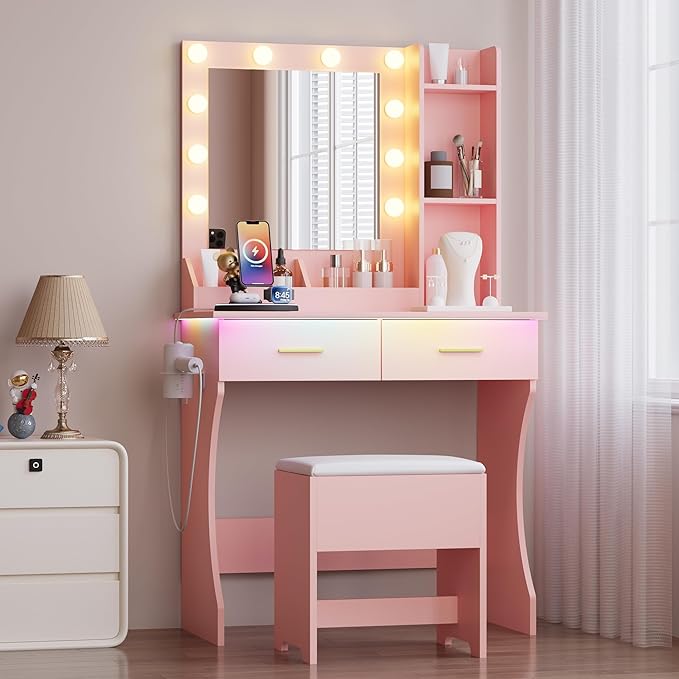Pink Vanity Mirror with Lights Desk and Chair, Small Makeup Vanity Set with Charging Station, Dressing Table with 2 Large Drawers, RGB Ambient Light, 3 Lighting Modes & Adjustable Brightness
