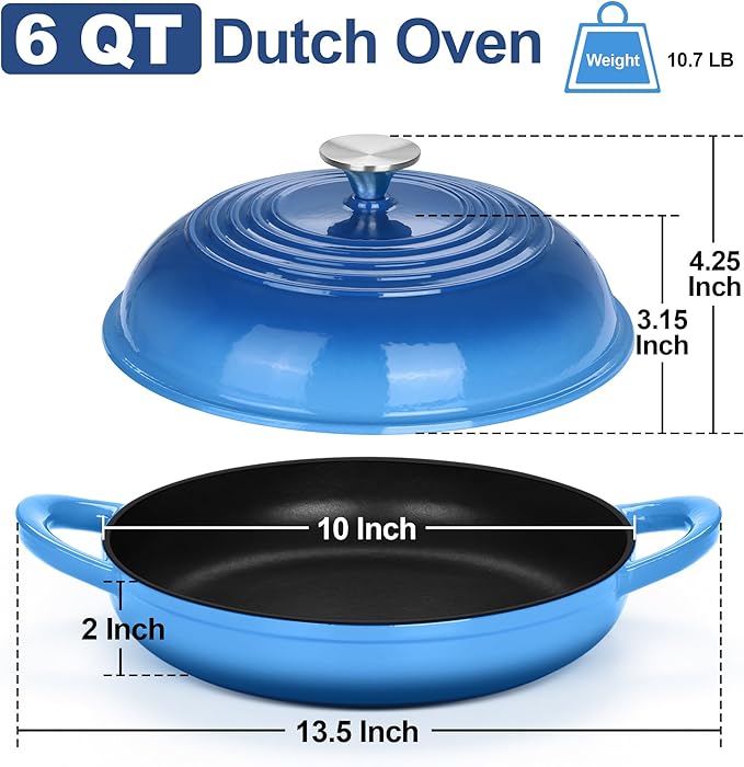 TeamFar Cast Iron Bread Dutch Oven, 6 Qt Enameled Dutch Oven Pot for Sourdough Bread Baking, with Tall Dome Lid & Round Base Pan, Self-Basting & Even-Heating, Heavy-Duty & Non-stick, Blue