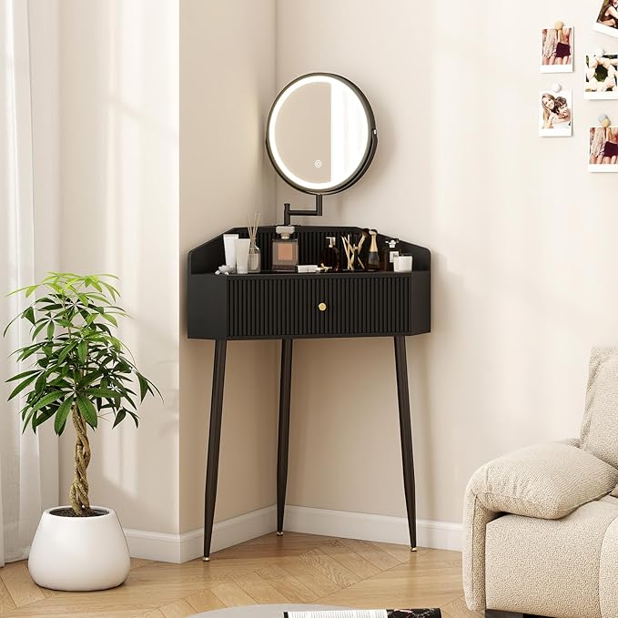 ARTETHYS Corner Vanity Desk with Retractable and Rotating Mirror and Lights Small Modern Black Makeup Vanity Set with Glass Top for Women Compact Girls Dressing Table with Storage for Small Space