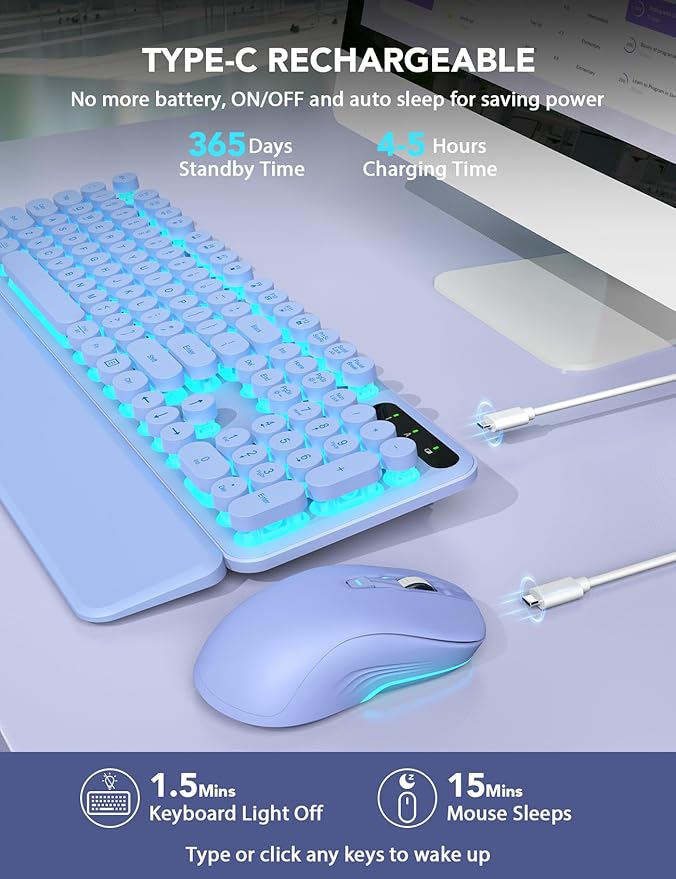 Wireless Keyboard and Mouse Backlit - Typewriter Keyboard with Retro Round Keycaps, Detachable Wrist Rest, Light Up Letters, 2.4G Rechargeable Combo for Mac, Windows, PC, Laptop, Trueque (Purple)