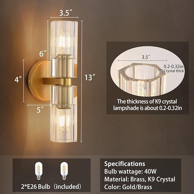 Modern Crystal Wall Sconces 2 Light,K9 Crystal Brass Sconces Wall Lighting,Crystal Modern Wall Sconces Indoor Wall Sconce Bedroom Wall Sconce for Bathroom,Stairway,Entryway,Hallway, Living