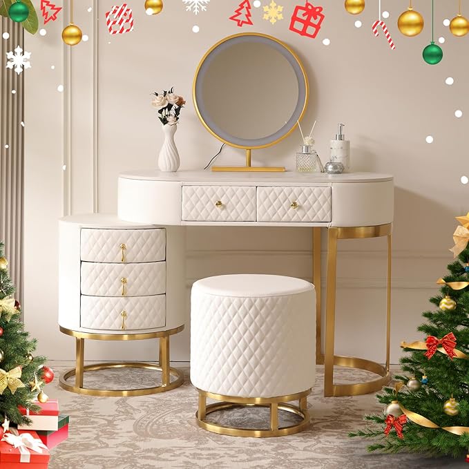 Faux Leather Makeup Vanity Desk Set with LED Lighted Mirror Luxury Dressing Makeup Table with Storage Drawers & Vanity Stool, White