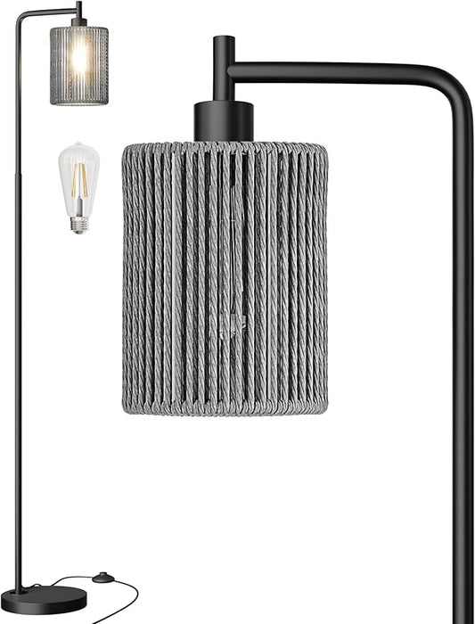 Oneach 66" Black Floor Lamp for Living Room, Boho Floor Lamp with LED Bulb, Foot Switch, Gray Rattan Shade, Industrial Tall Farmhouse Standing Lamp for Bedroom, Dining Room, Study Room, Office