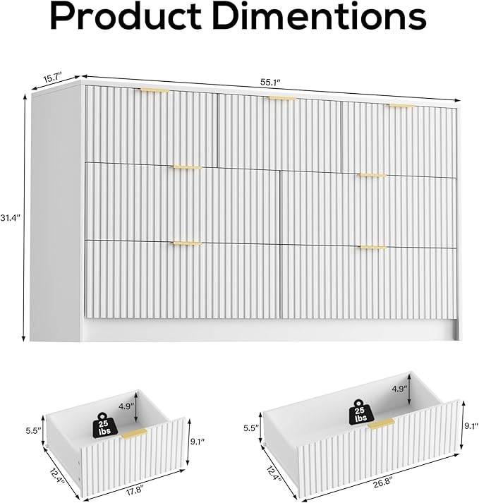 White Dresser for Bedroom, Modern Dresser with 7 Drawers and Smooth Slides, Wide Chest of Drawers with Golden Handles for Bedroom, Living Room, Closet, 15.7" D x 55.1" W x 31.4" H