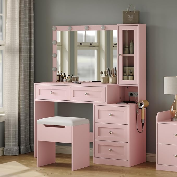 43" W Vanity Desk with Mirror & 11 Lights,Modern Makeup Desk with 5 Drawers & Cushioned Stool,3 Lighting Modes Brightness Adjustable,Power Outlet,Bedroom Dressing Table, Pink