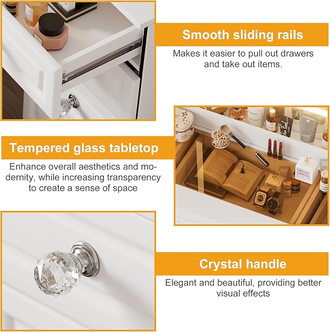 PAKASEPT 47.3'' Makeup Vanity with 11 Drawers, Tempered Glass Top Vanity Table with Mirror and LED Lights, 7 Storage Shelves, Built-in Charging Station, Dressing Table for Bedroom (No Stool)